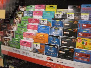 A display of prepaid cards in a retail store.